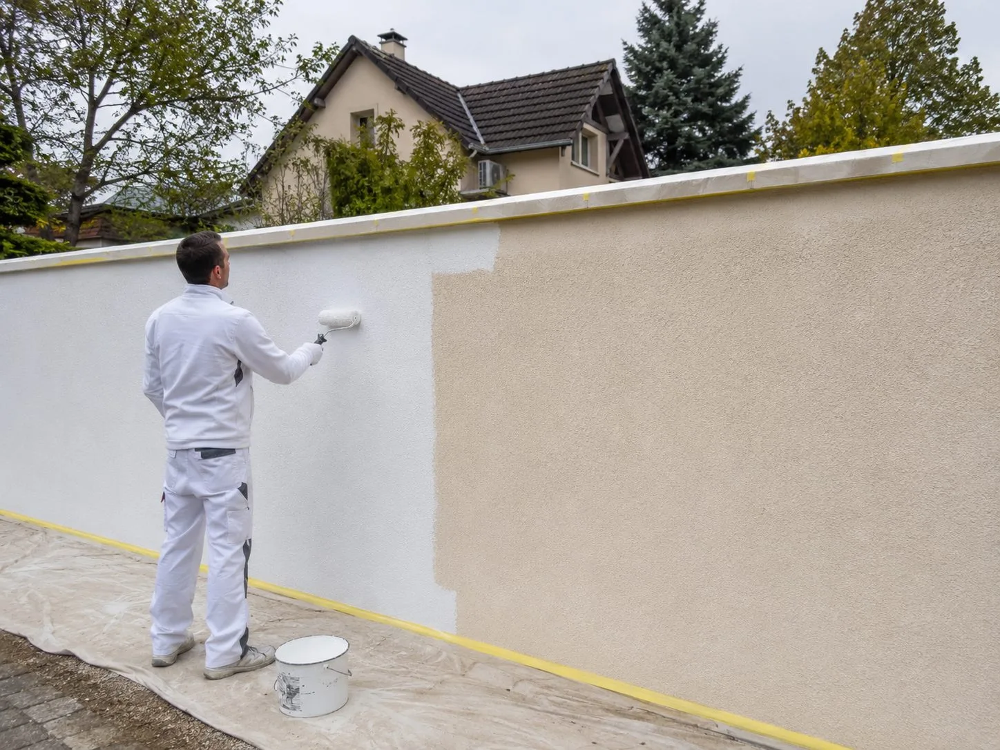 Peintre en tenue blanche appliquant une peinture de façade au rouleau sur un mur de clôture, sol bâché et arêtes masquées
